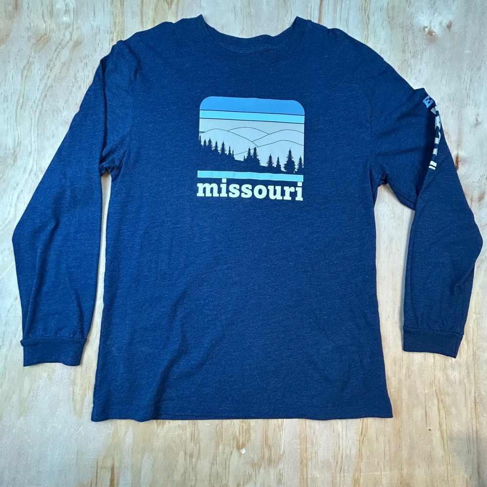 Home Free Missouri Graphic Long Sleeve Tee Mens Medium Navy Blue Mountain Forest